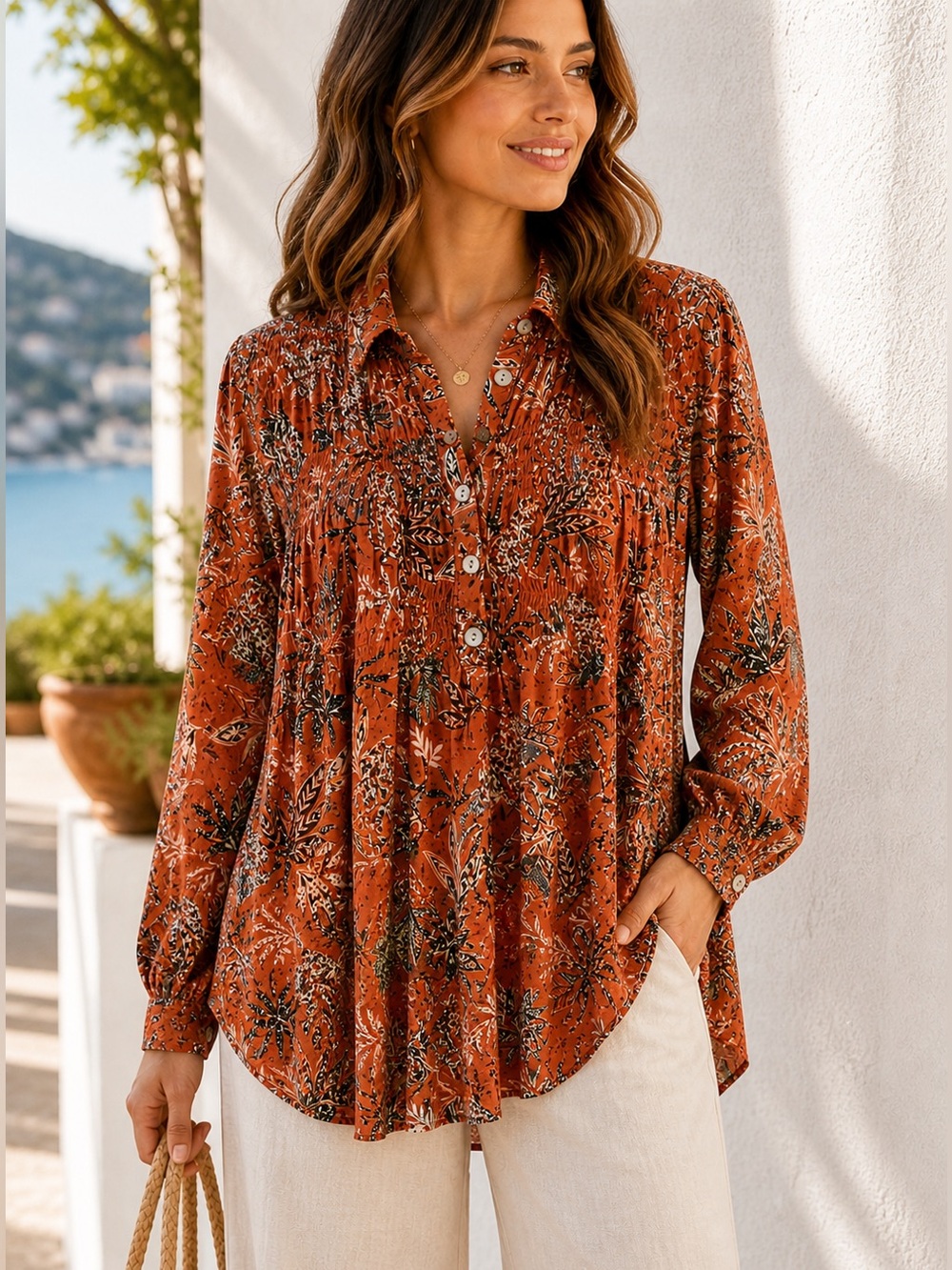 Beach Lunch Lounge Floral Botanical Boho Blouse Womens Size M Rust Smocked Top